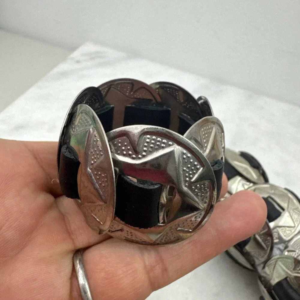 Western Leather Belt & Buckle Napkin Rings Black Silver Tone Set of 4